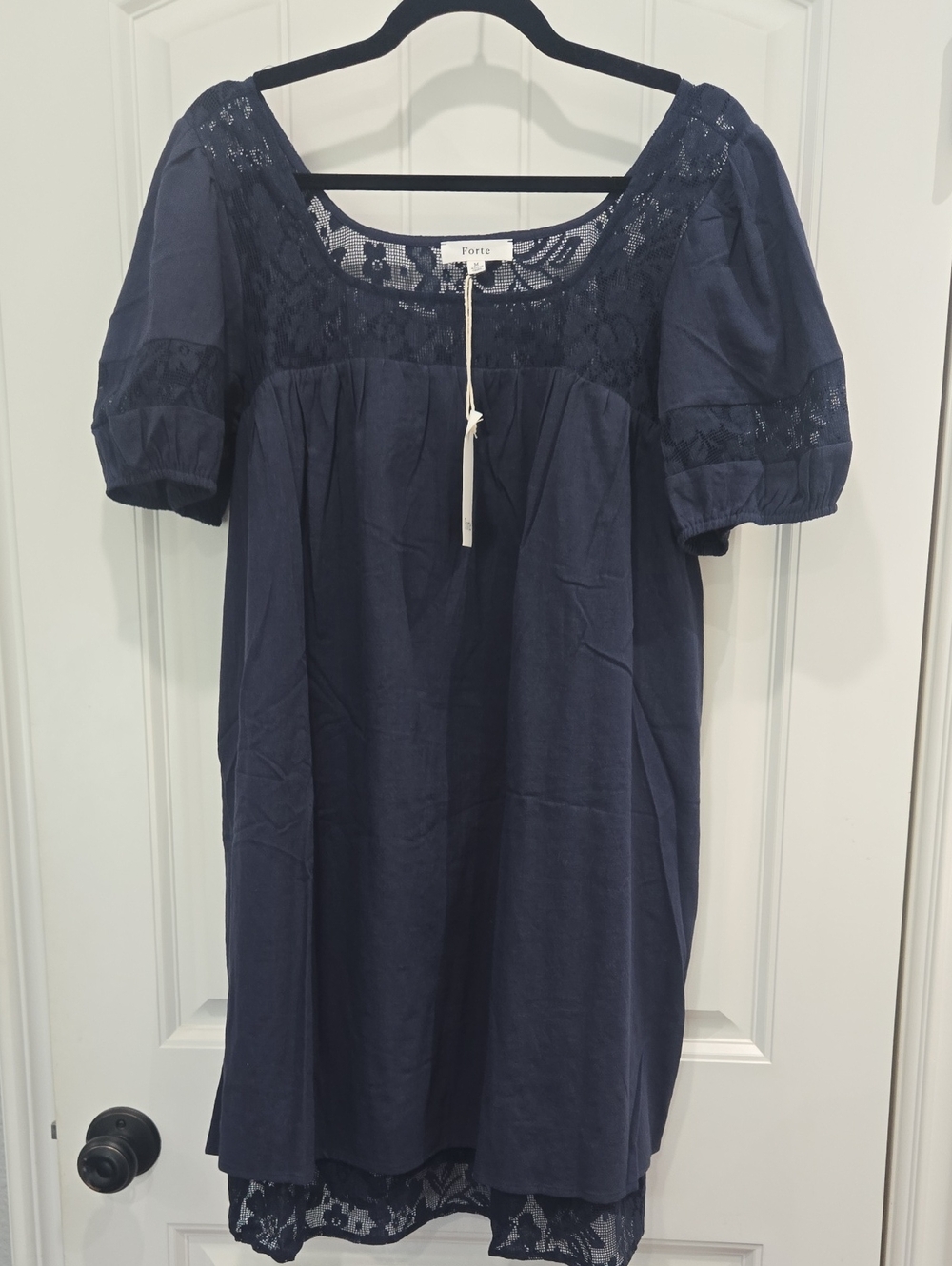 Forte Navy Lace Yoke Short Sleeve Dress